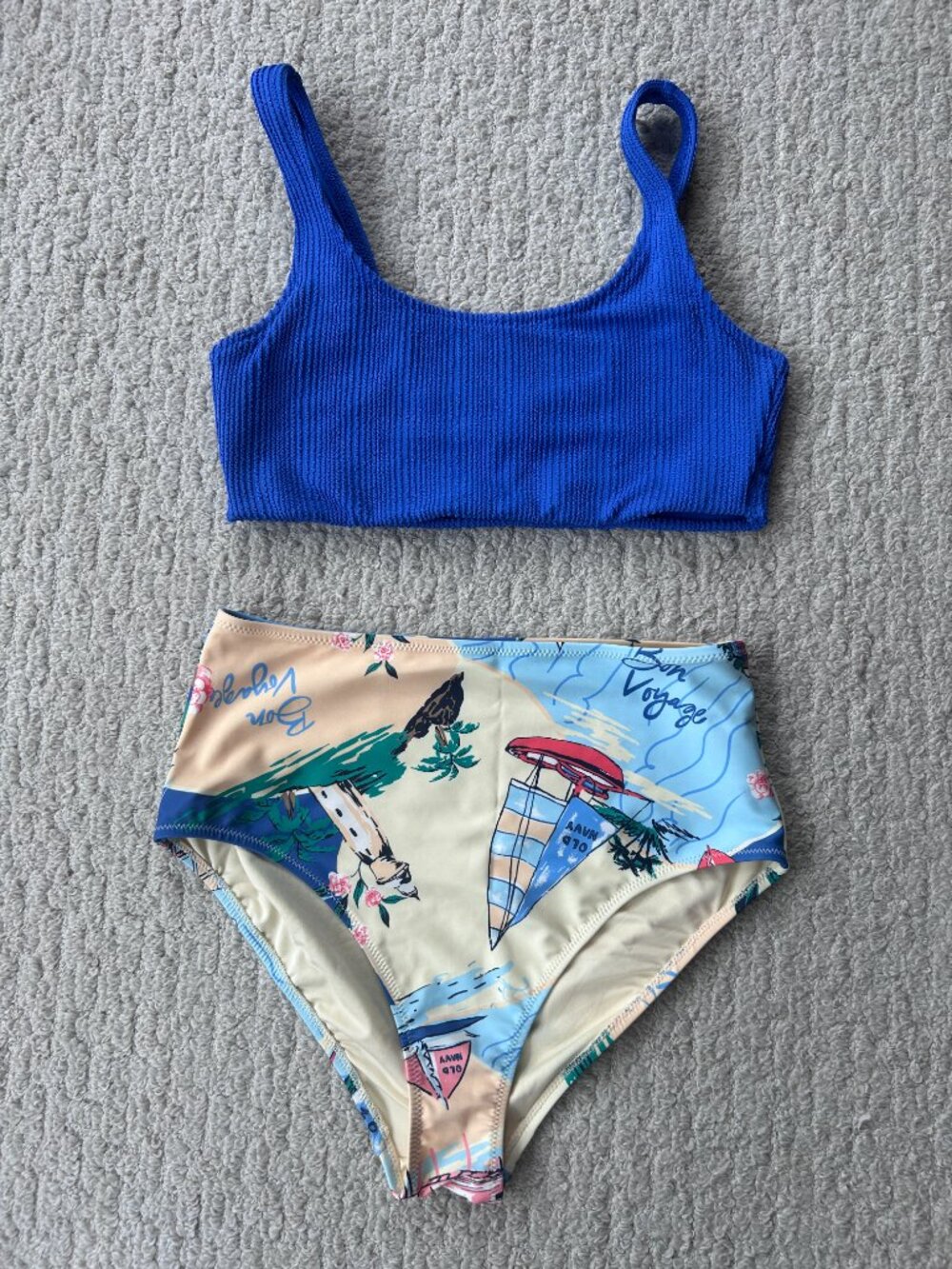 Old Navy Blue Textured & High Waist Beach Scene Two-Piece Bikini